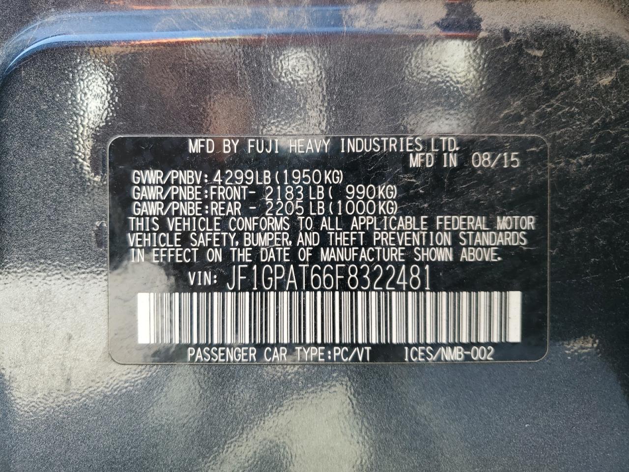 2015 Subaru Impreza Sport VIN: JF1GPAT66F8322481 Lot: 70365685