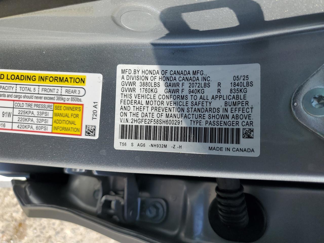 2025 Honda Civic Sport VIN: 2HGFE2F58SH600291 Lot: 68556355