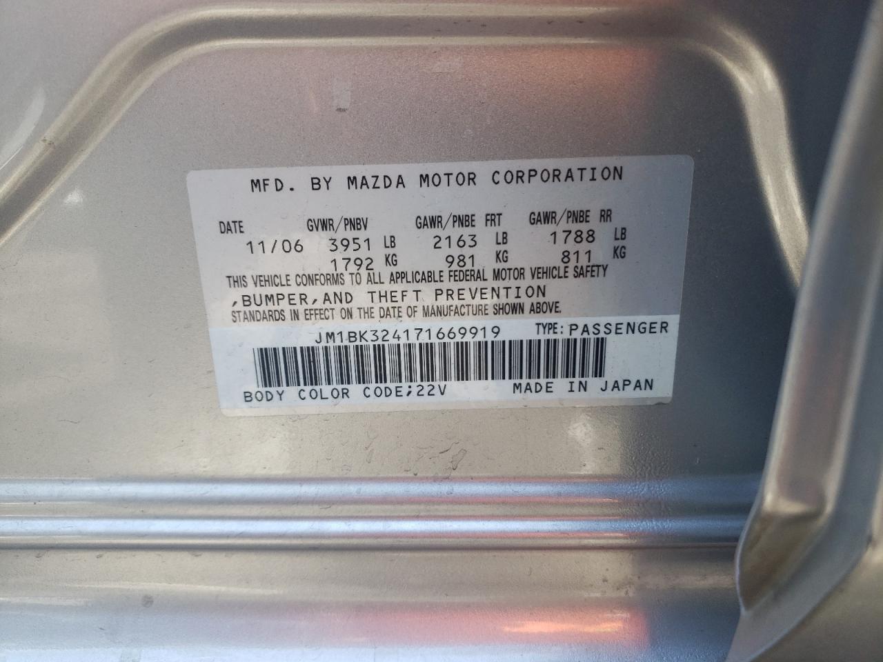 2007 Mazda 3 S VIN: JM1BK324171669919 Lot: 67685145