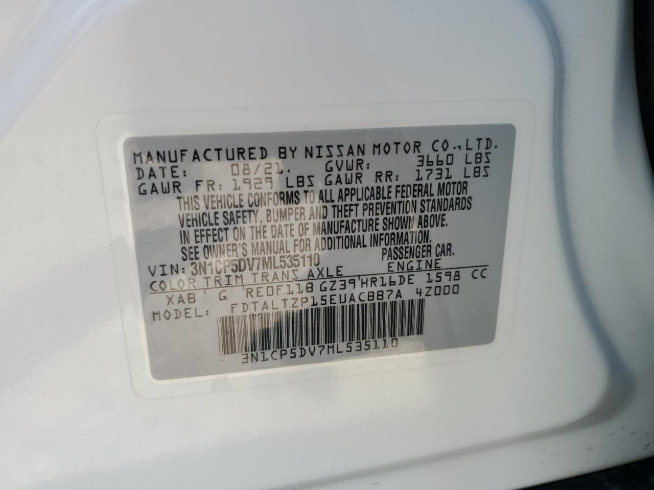 2021 Nissan Kicks Sr VIN: 3N1CP5DV7ML535110 Lot: 69486345