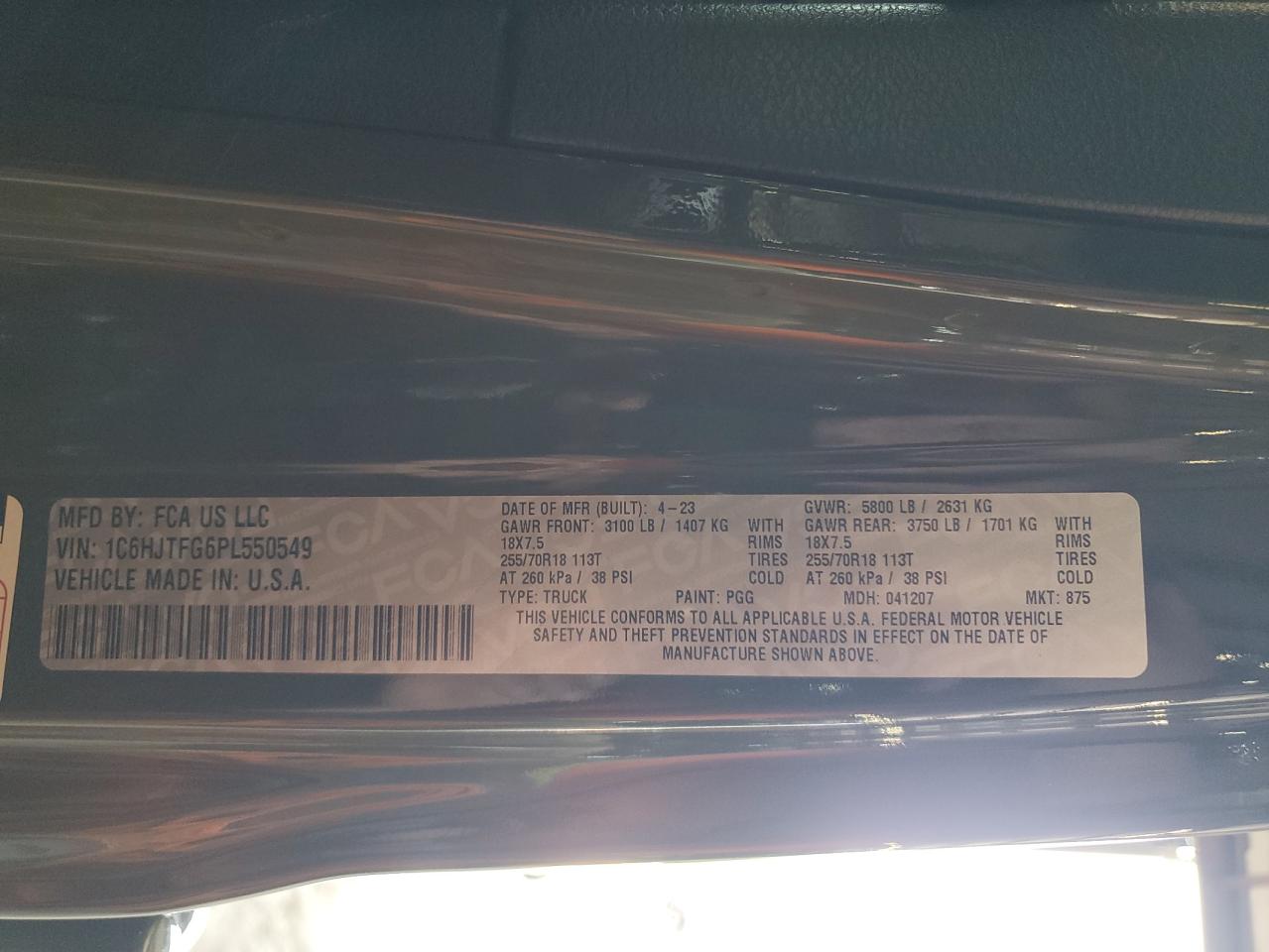 2023 Jeep Gladiator Overland VIN: 1C6HJTFG6PL550549 Lot: 69094505