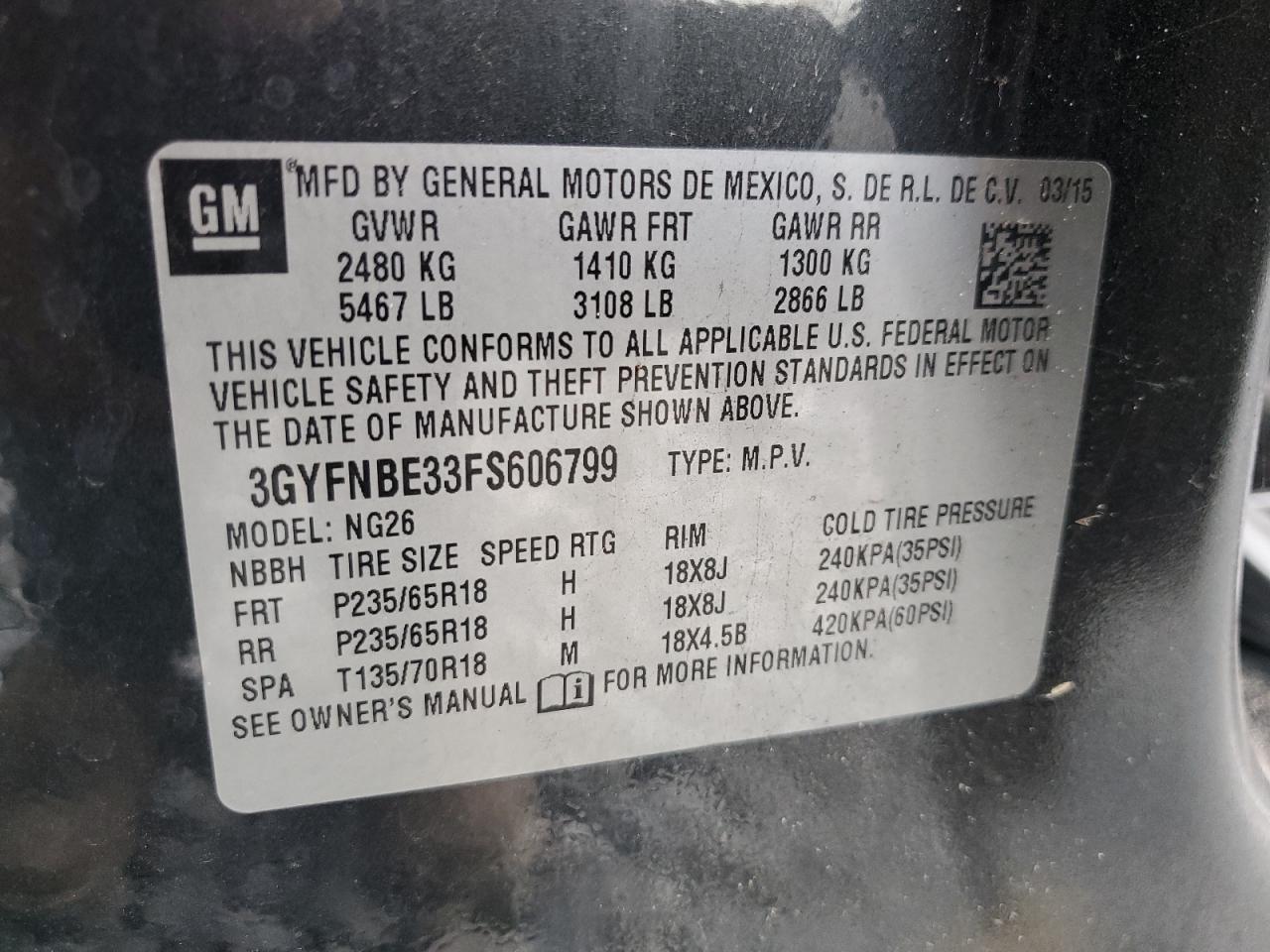 2015 Cadillac Srx Luxury Collection VIN: 3GYFNBE33FS606799 Lot: 67904605