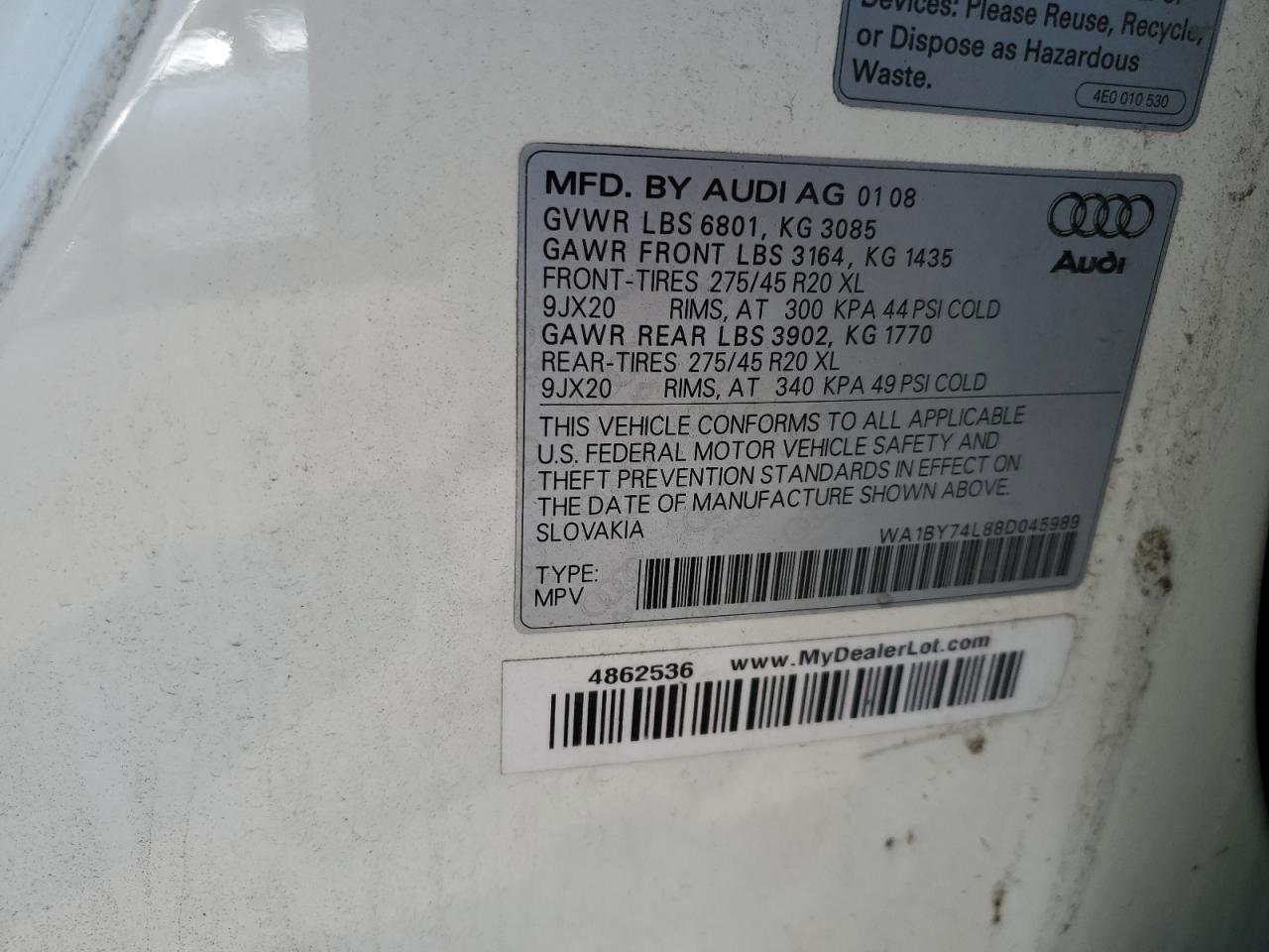 2008 Audi Q7 3.6 Quattro Premium VIN: WA1BY74L88D045989 Lot: 68901595