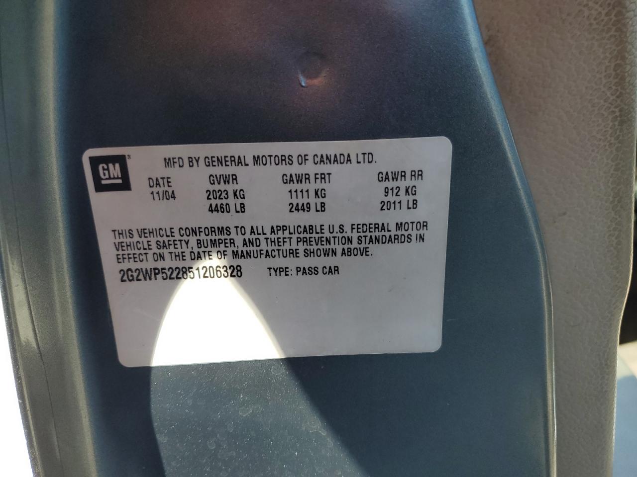 2005 Pontiac Grand Prix VIN: 2G2WP522851206328 Lot: 69873155