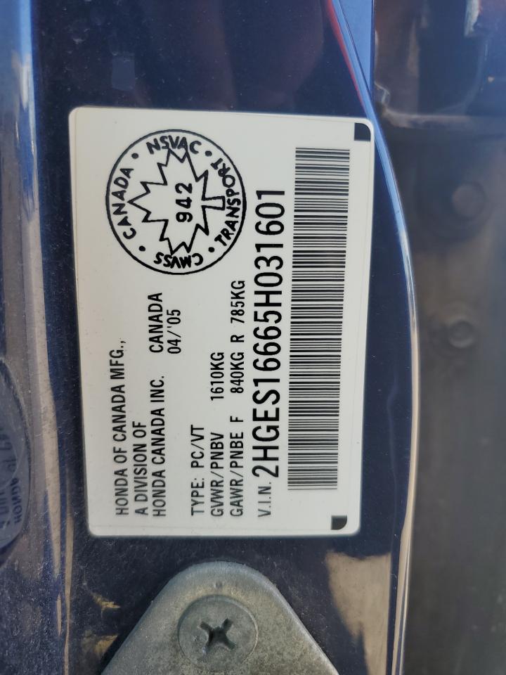 2005 Honda Civic Lx VIN: 2HGES16665H031601 Lot: 70156635