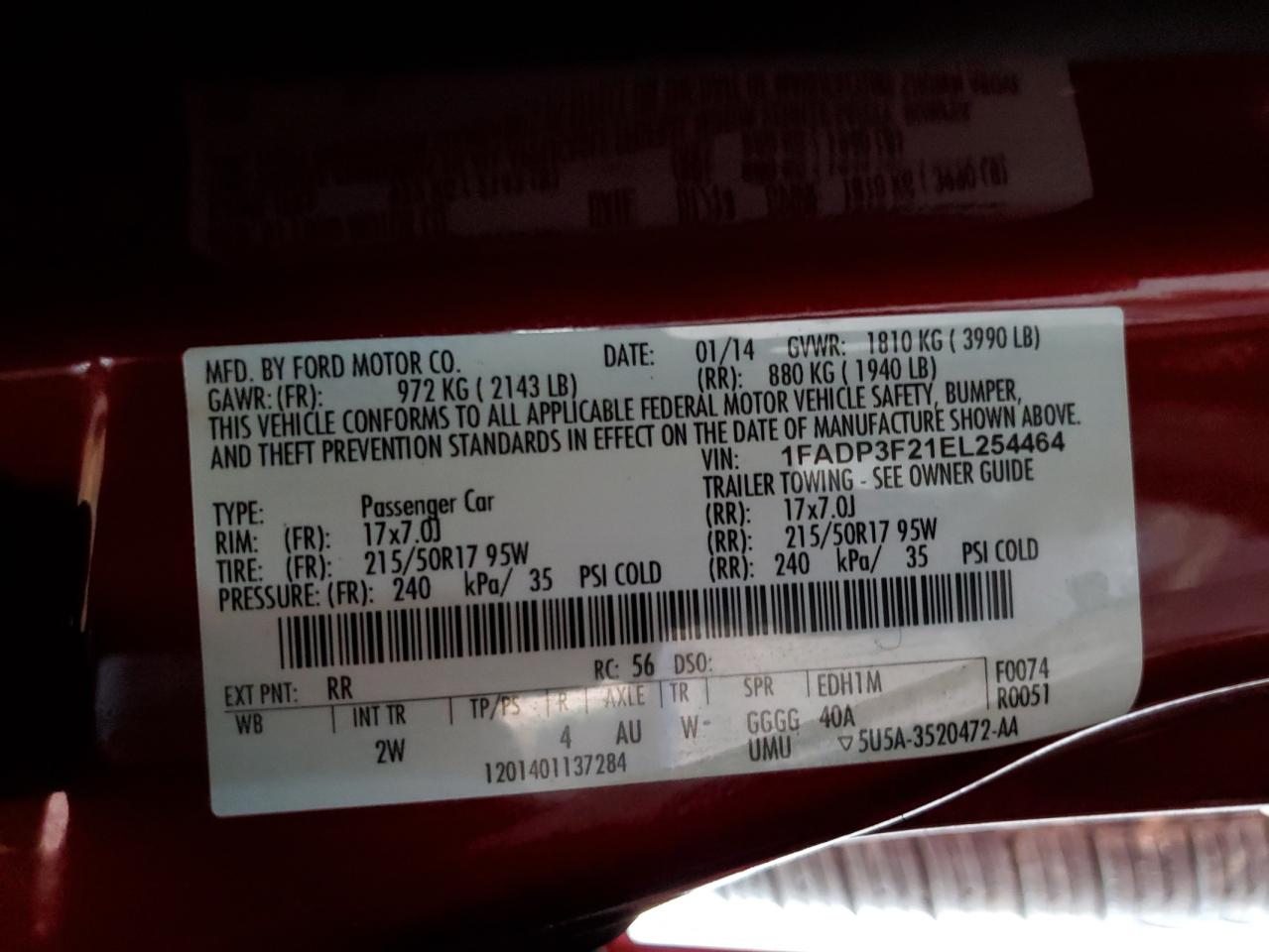 2014 Ford Focus Se VIN: 1FADP3F21EL254464 Lot: 70380165
