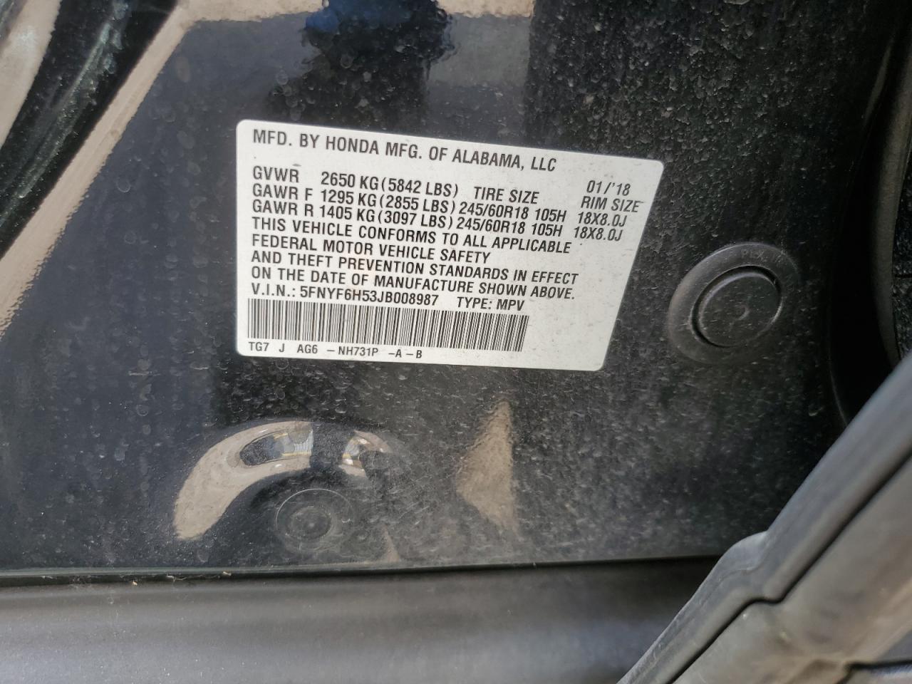 2018 Honda Pilot Exl VIN: 5FNYF6H53JB008987 Lot: 70389535