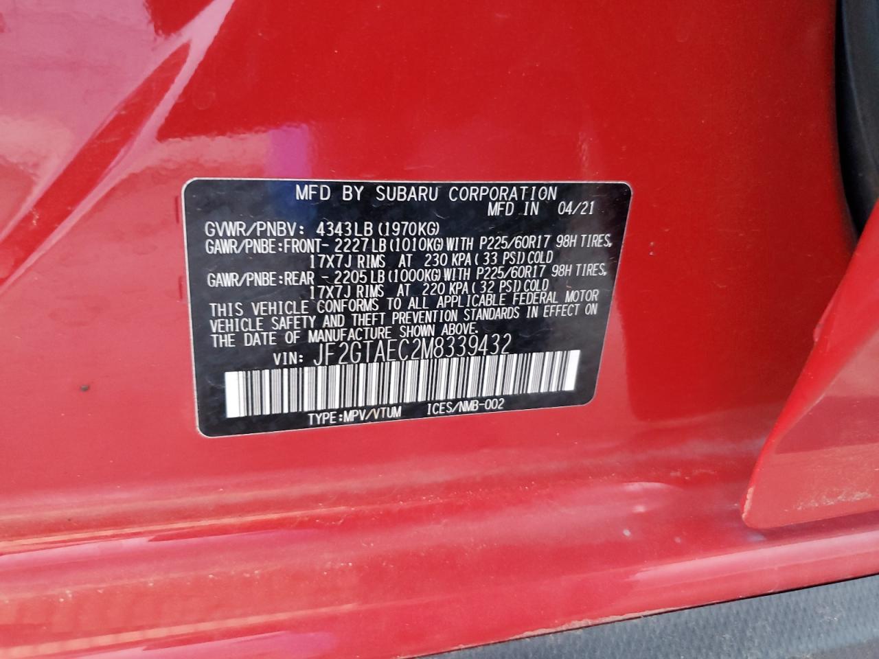 2021 Subaru Crosstrek Premium VIN: JF2GTAEC2M8339432 Lot: 66897205