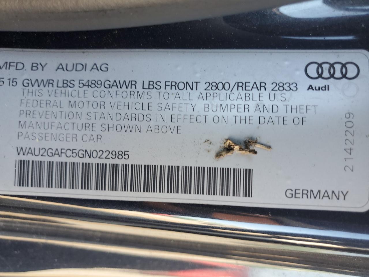 2016 Audi A7 Prestige VIN: WAU2GAFC5GN022985 Lot: 69511935