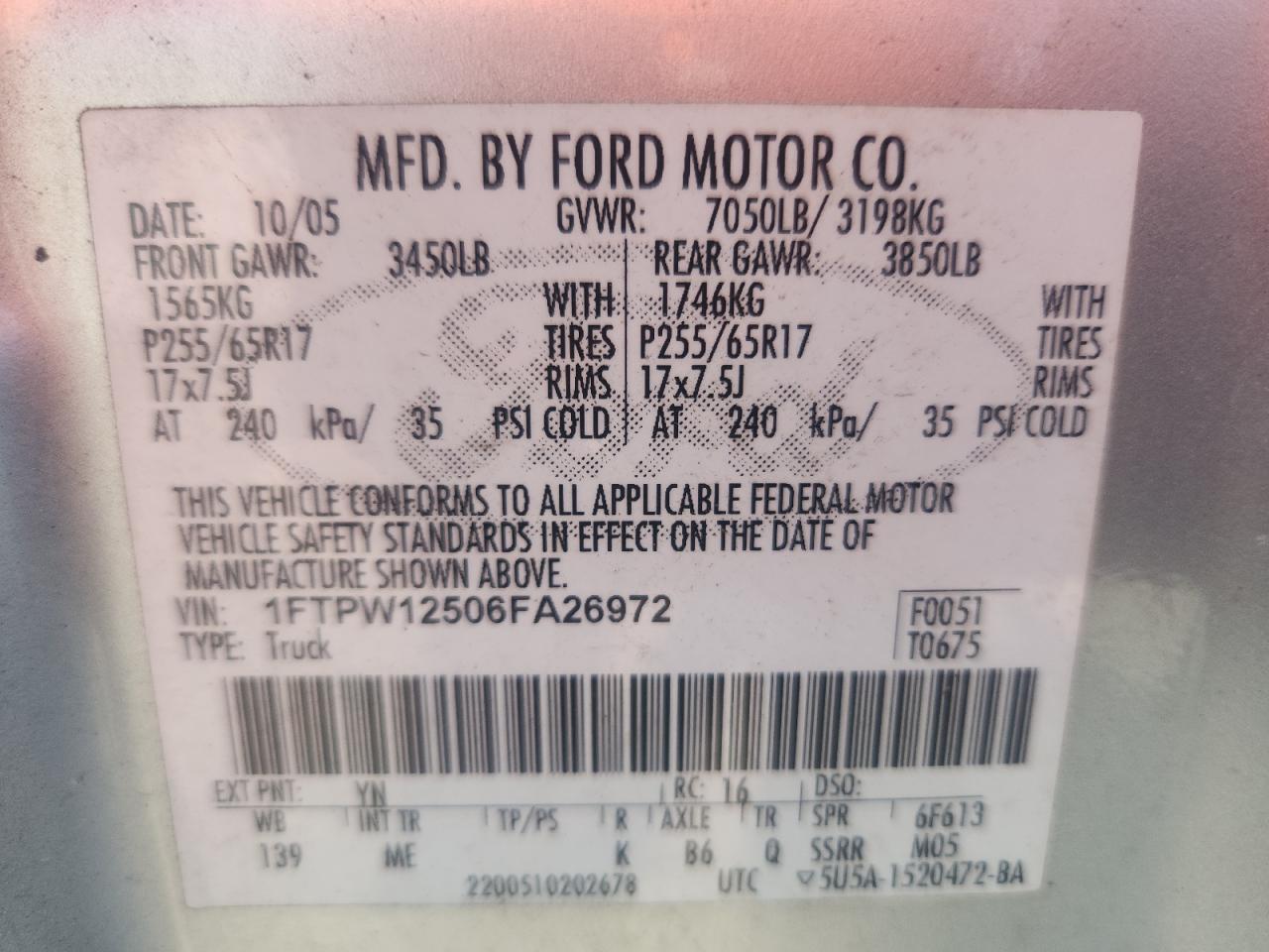 2006 Ford F150 Supercrew VIN: 1FTPW12506FA26972 Lot: 69828695