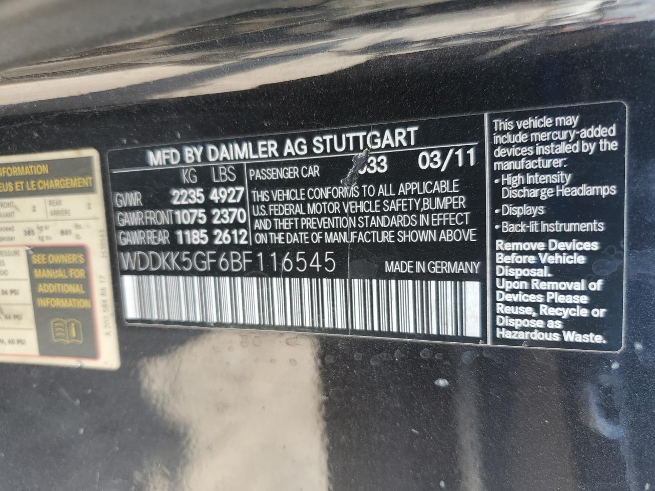 2011 Mercedes-Benz E 350 VIN: WDDKK5GF6BF116545 Lot: 69815425