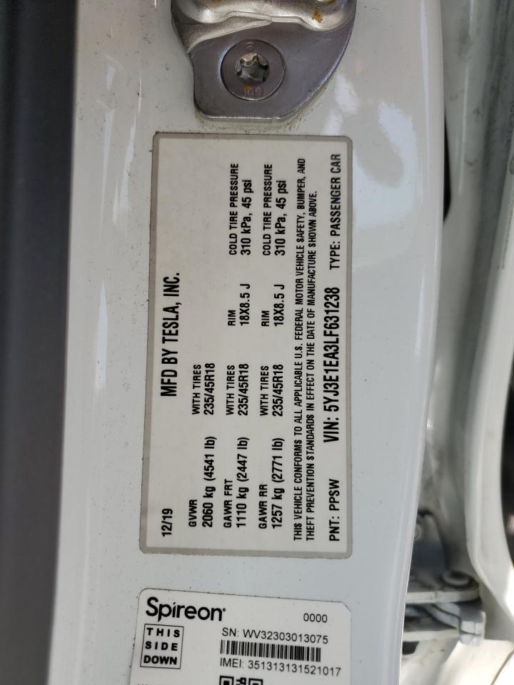 2020 Tesla Model 3 VIN: 5YJ3E1EA3LF631238 Lot: 67971845