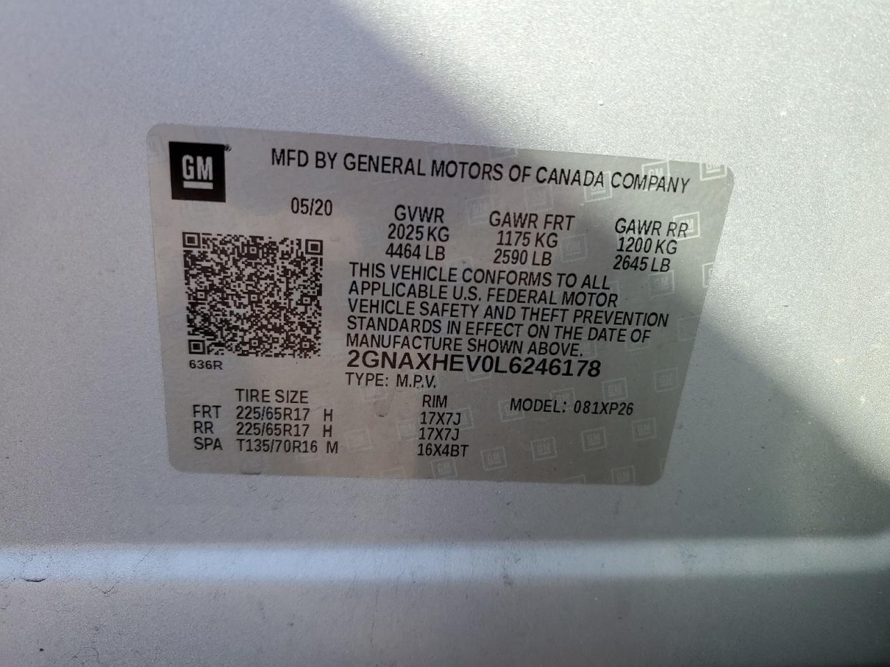2020 Chevrolet Equinox Ls VIN: 2GNAXHEV0L6246178 Lot: 67891465