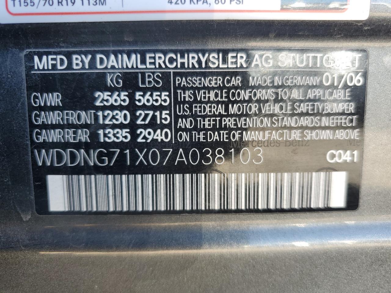 2007 Mercedes-Benz S 550 VIN: WDDNG71X07A038103 Lot: 70420615