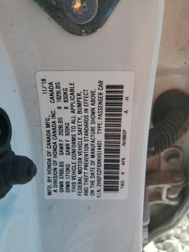 2019 Honda Civic Lx VIN: 2HGFC2F6XKH514401 Lot: 70624255