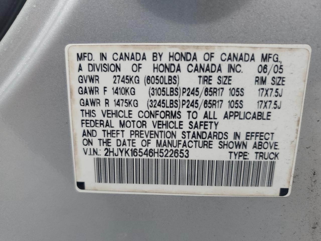 2006 Honda Ridgeline Rtl VIN: 2HJYK16546H522653 Lot: 67806835