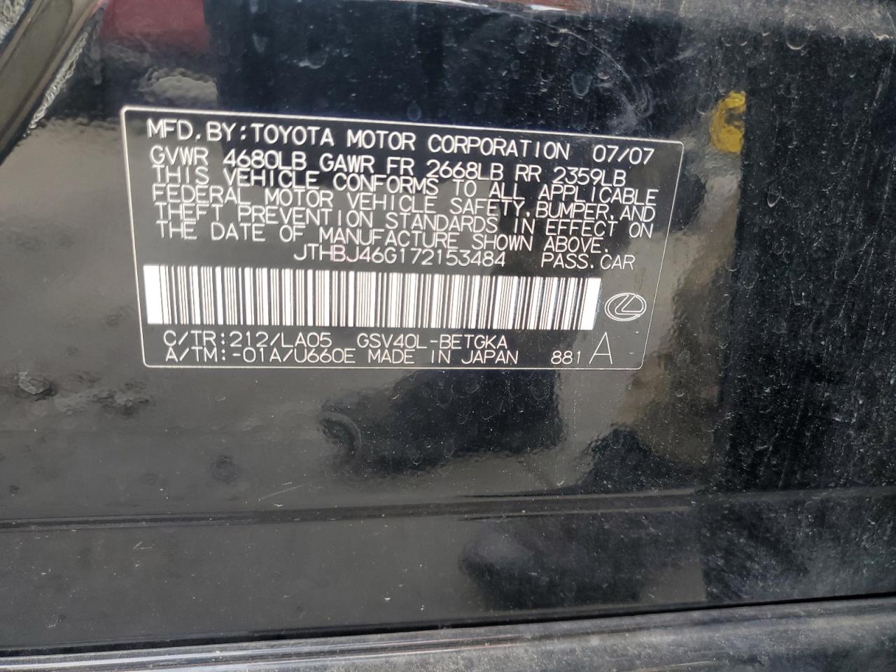 2007 Lexus Es 350 VIN: JTHBJ46G172153484 Lot: 70441095