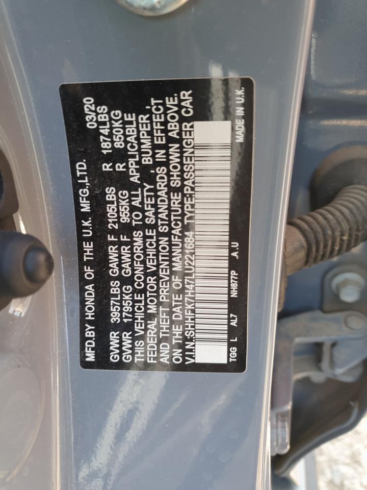 2020 Honda Civic Sport VIN: SHHFK7H47LU221684 Lot: 70482545