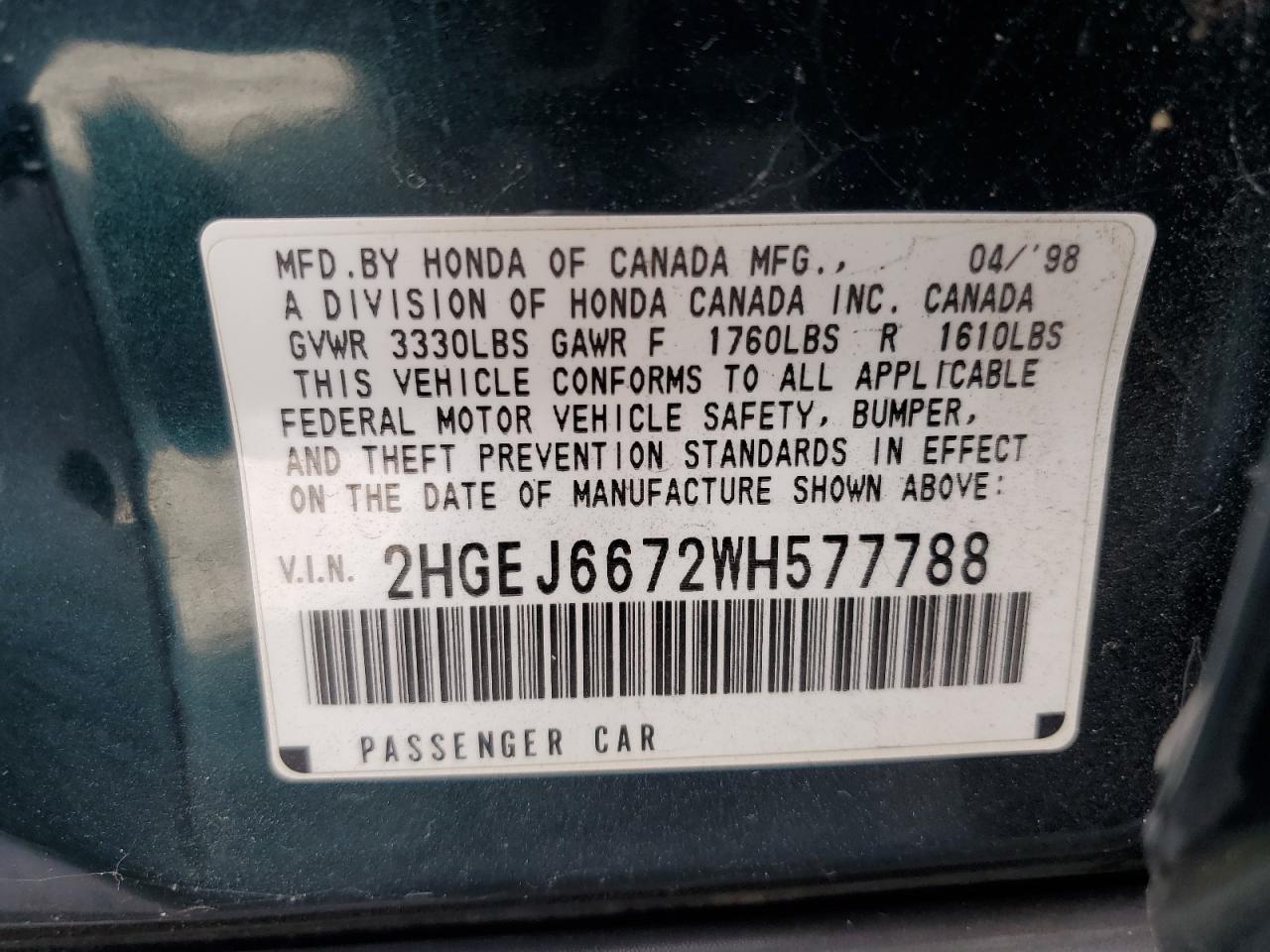 1998 Honda Civic Lx VIN: 2HGEJ6672WH577788 Lot: 70053025