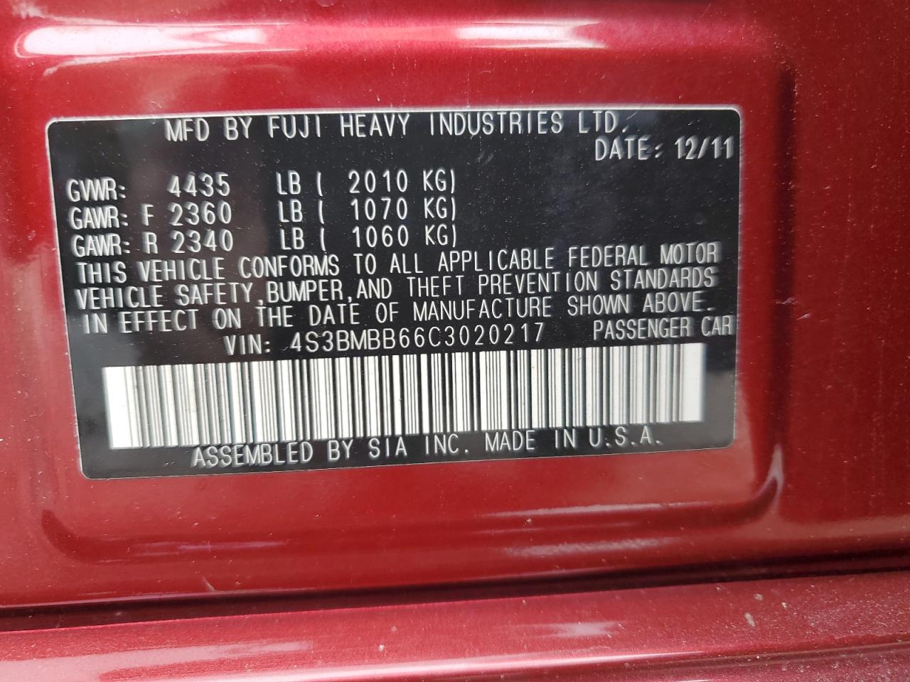 2012 Subaru Legacy 2.5I Premium VIN: 4S3BMBB66C3020217 Lot: 67604525