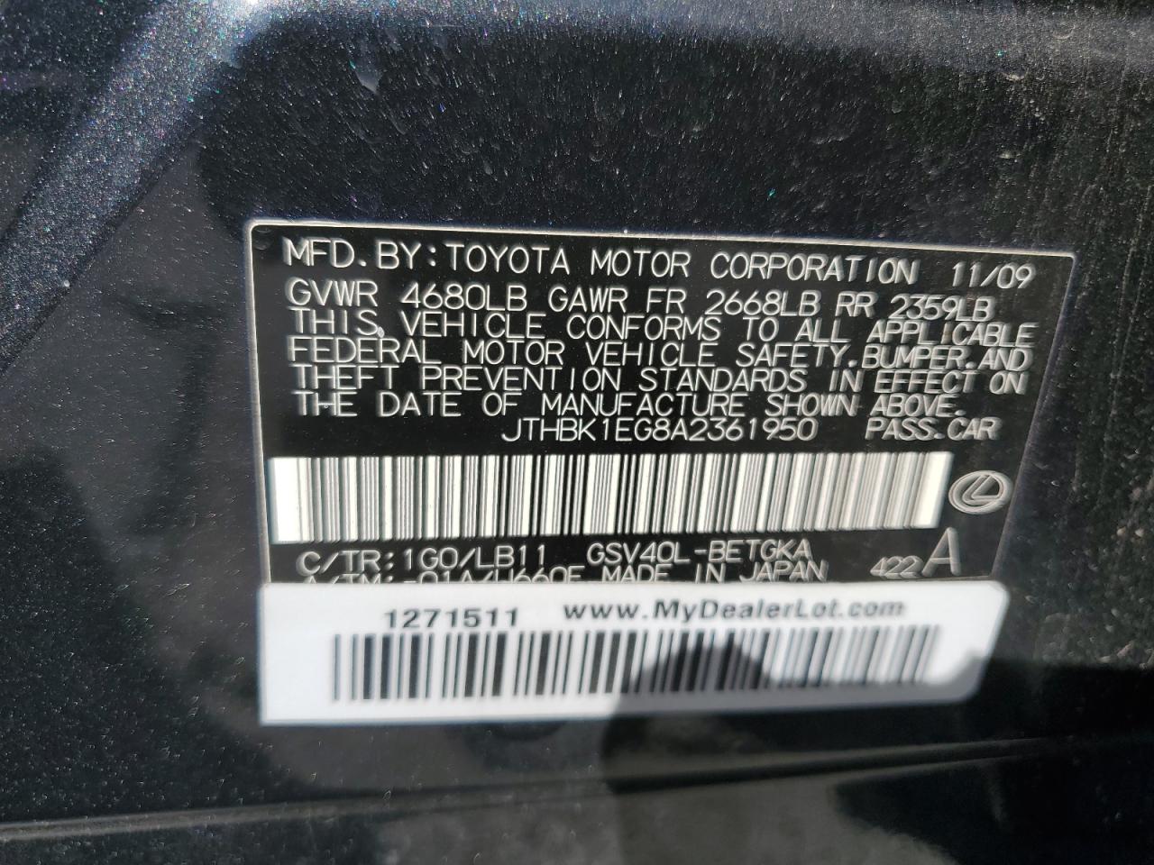 2010 Lexus Es 350 VIN: JTHBK1EG8A2361950 Lot: 67605985