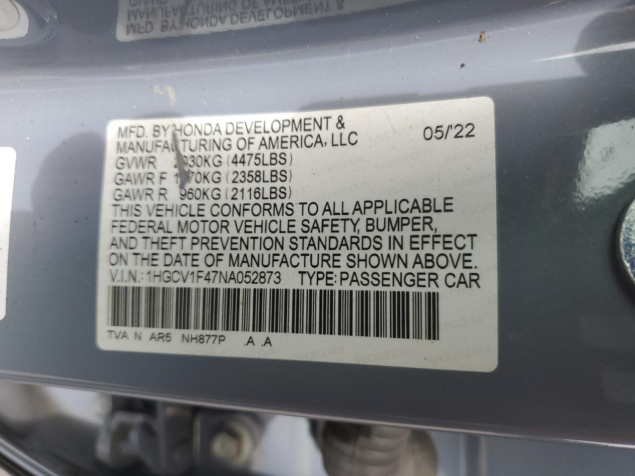 2022 Honda Accord Sport Se VIN: 1HGCV1F47NA052873 Lot: 69219685