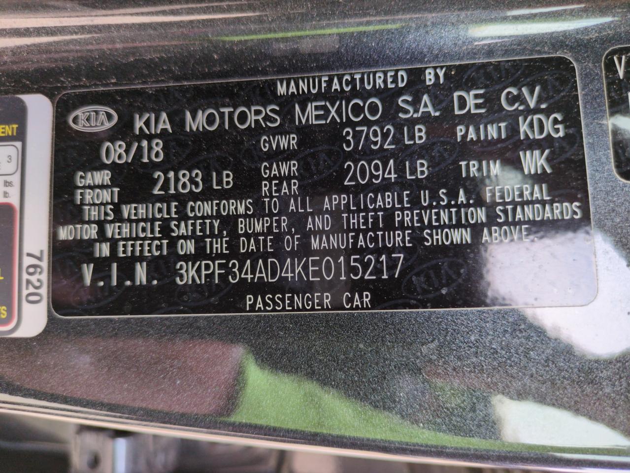 2019 Kia Forte Gt Line VIN: 3KPF34AD4KE015217 Lot: 68919035