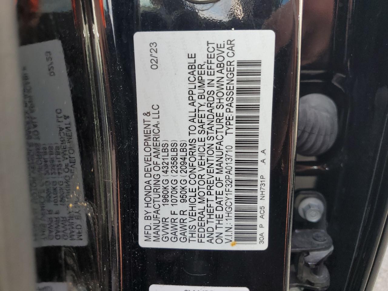 2023 Honda Accord Ex VIN: 1HGCY1F32PA013710 Lot: 69067405