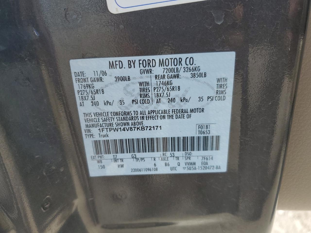 2007 Ford F150 Supercrew VIN: 1FTPW14V87KB72171 Lot: 68578125