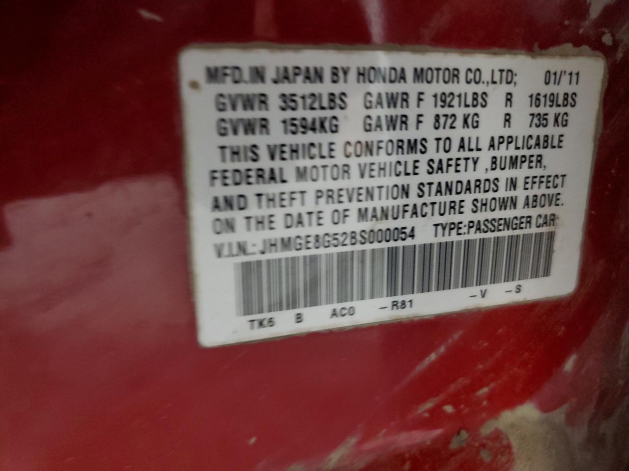 2011 Honda Fit Sport VIN: JHMGE8G52BS000054 Lot: 69138465