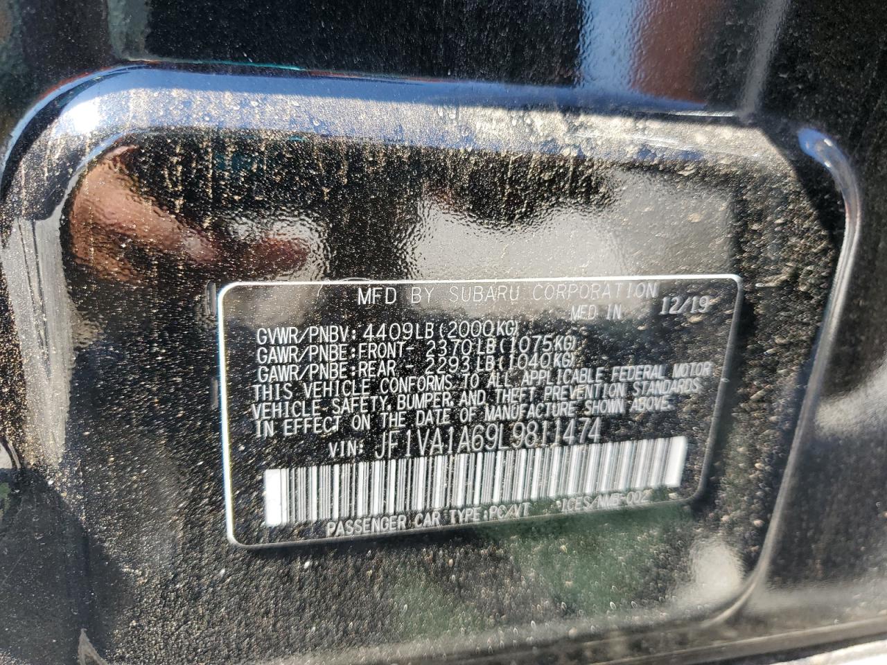 2020 Subaru Wrx VIN: JF1VA1A69L9811474 Lot: 68358675