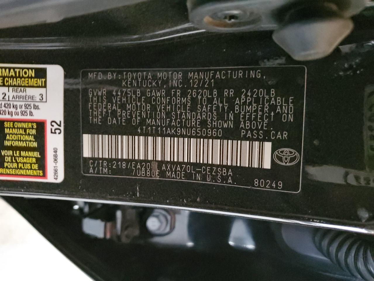 2022 Toyota Camry Se VIN: 4T1T11AK9NU650960 Lot: 70371275