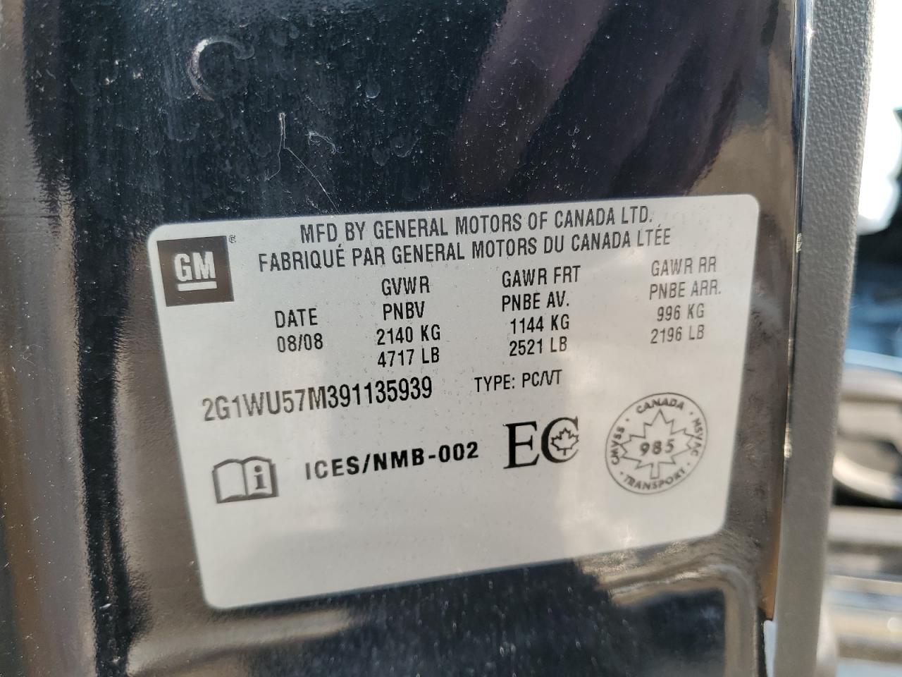 2009 Chevrolet Impala Ltz VIN: 2G1WU57M391135939 Lot: 67276265