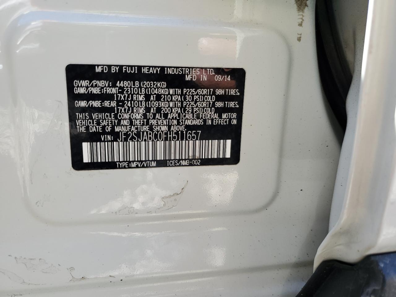 2015 Subaru Forester 2.5I VIN: JF2SJABC0FH511657 Lot: 68694115