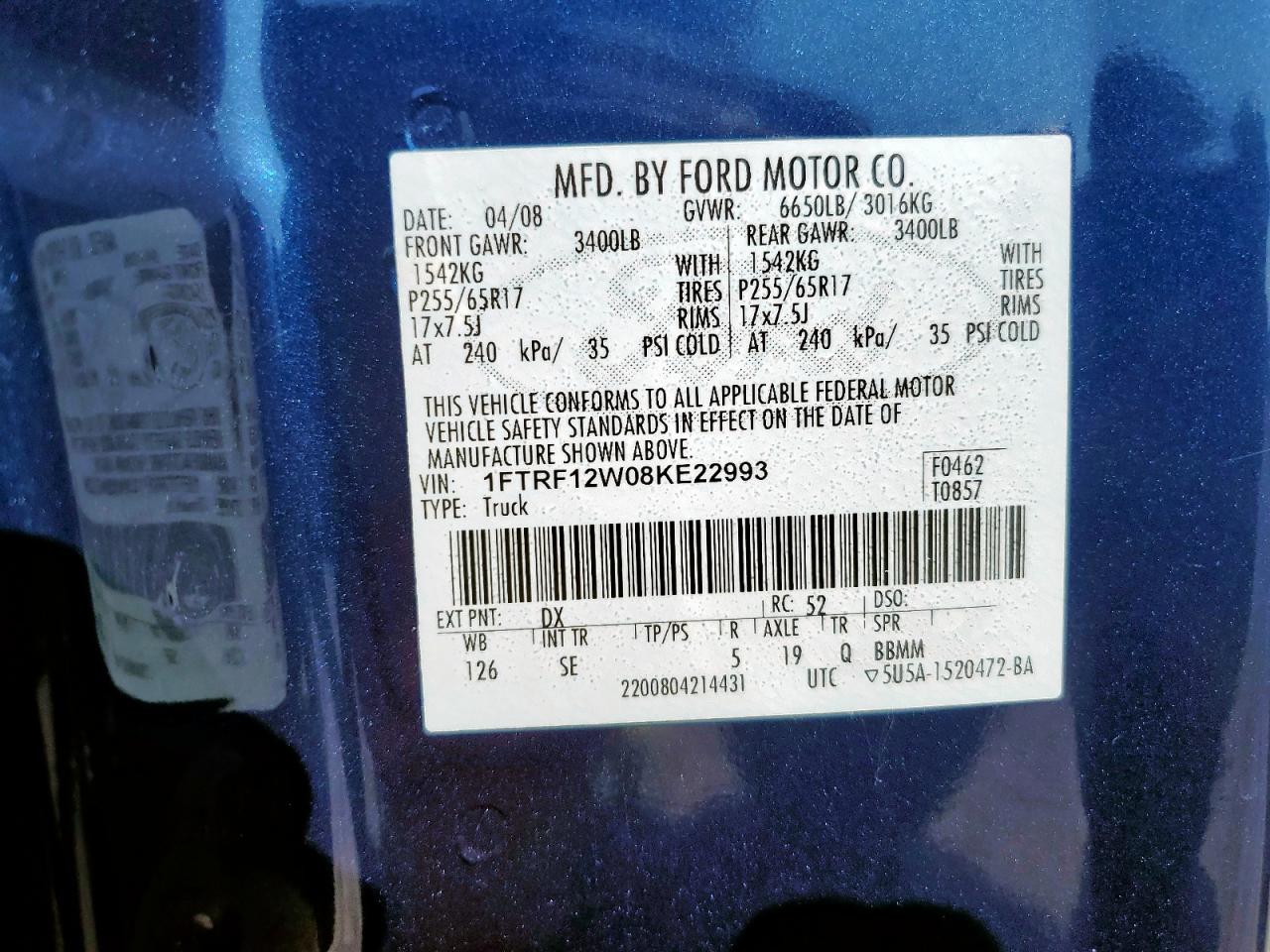 2008 Ford F150 VIN: 1FTRF12W08KE22993 Lot: 67768295