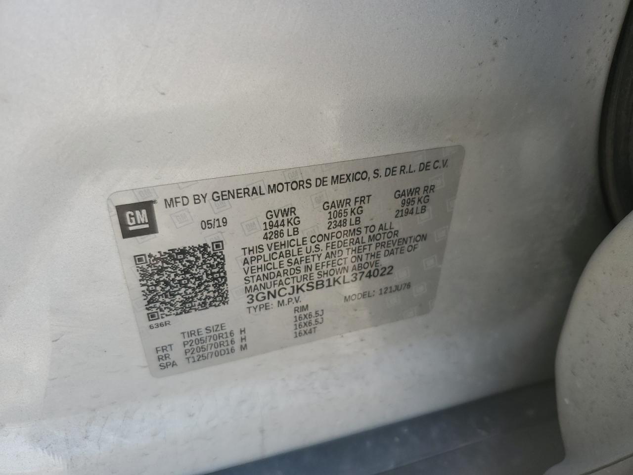 2019 Chevrolet Trax Ls VIN: 3GNCJKSB1KL374022 Lot: 69933425