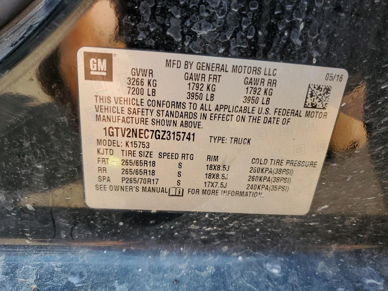 1GTV2NEC7GZ315741 2016 GMC Sierra K1500 Slt