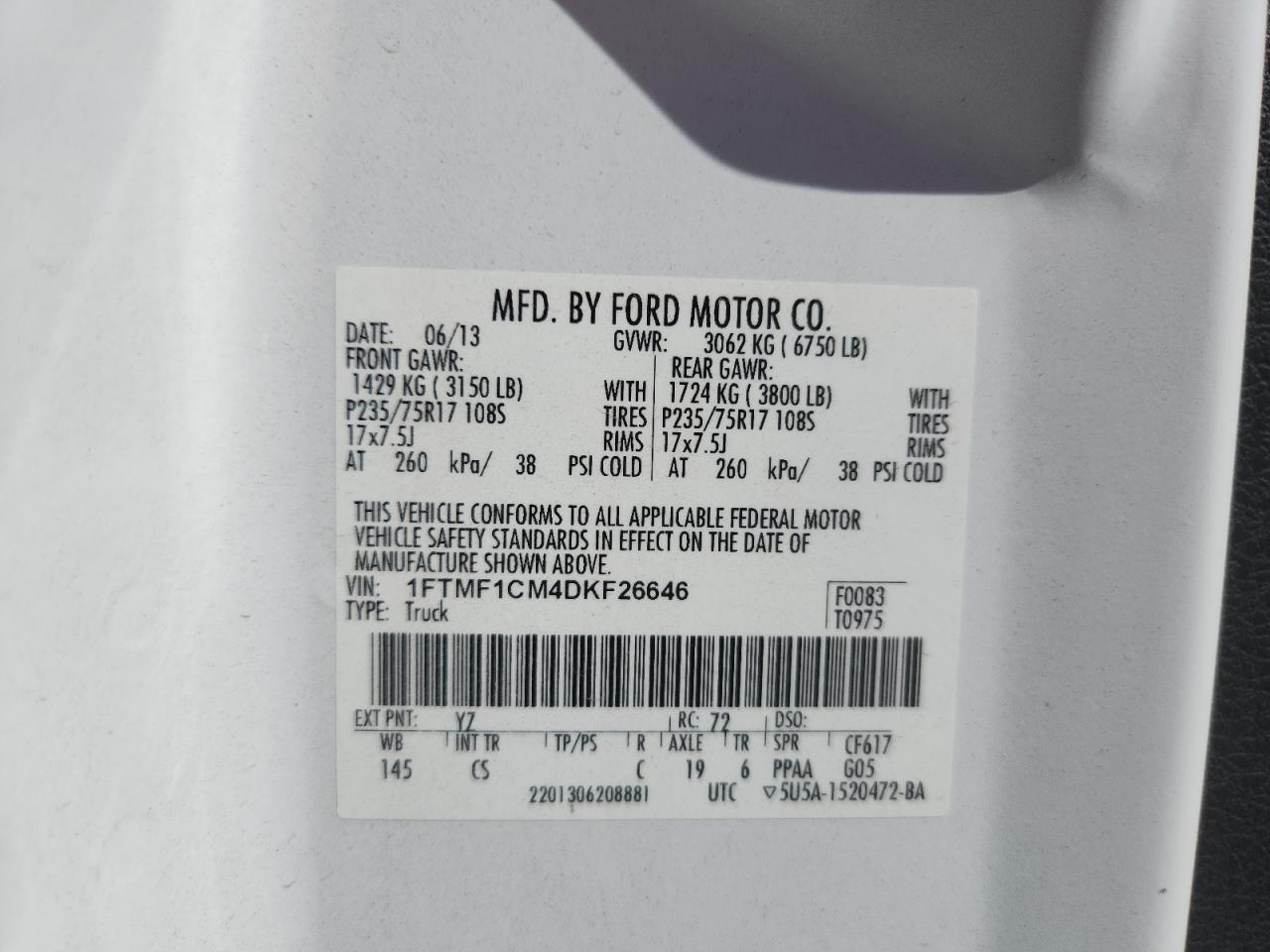 2013 Ford F150 VIN: 1FTMF1CM4DKF26646 Lot: 66309905