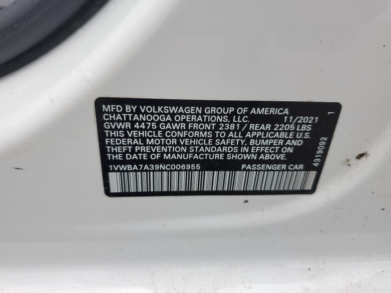 2022 Volkswagen Passat Limited Edition VIN: 1VWBA7A39NC006955 Lot: 83840135