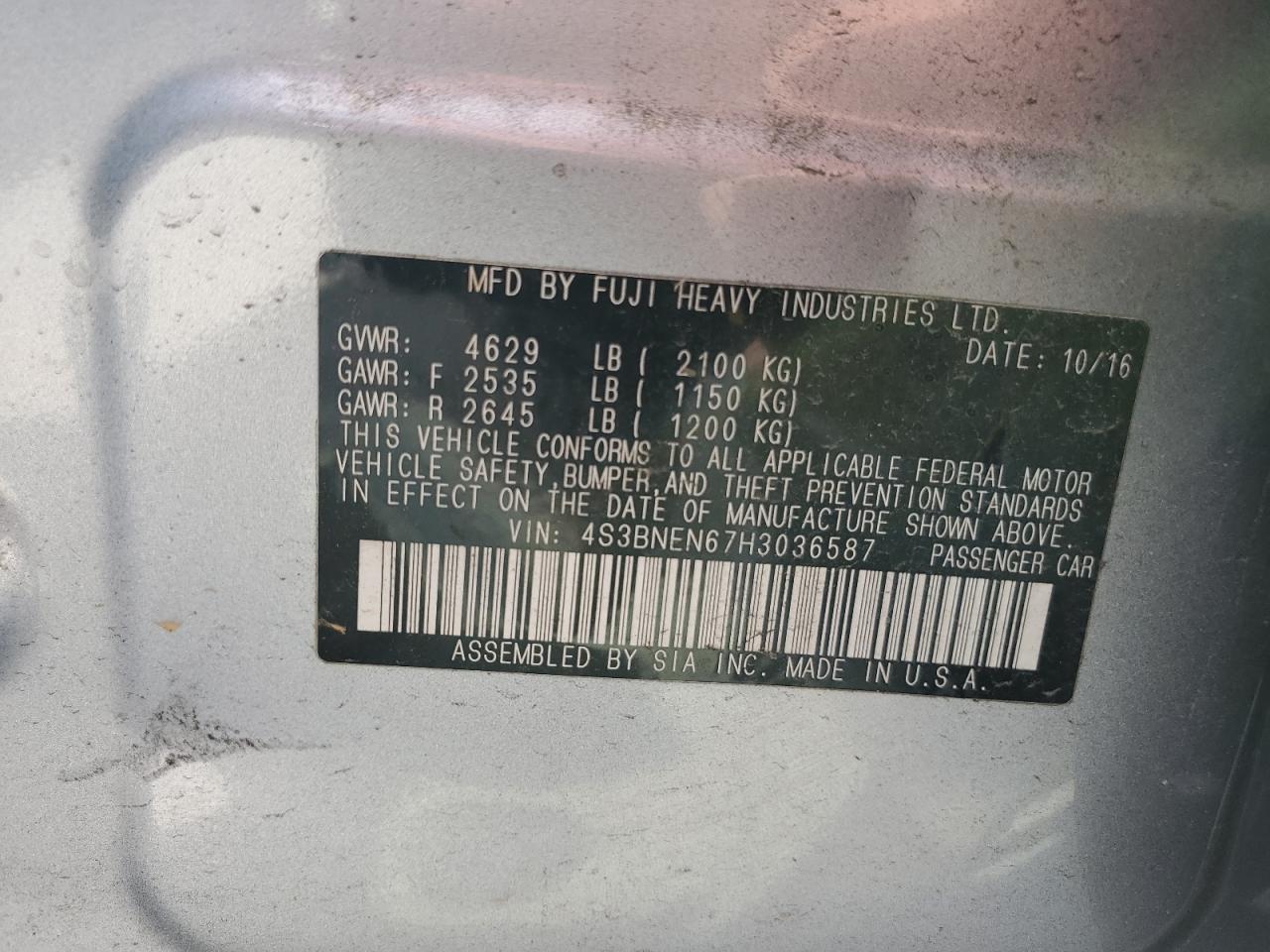 2017 Subaru Legacy 3.6R Limited VIN: 4S3BNEN67H3036587 Lot: 70248795