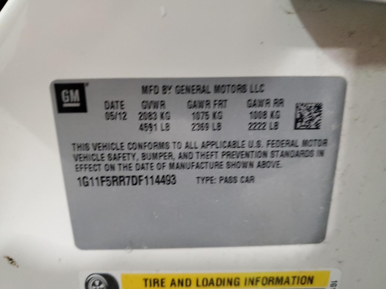 2013 Chevrolet Malibu 2Lt VIN: 1G11F5RR7DF114493 Lot: 68481285