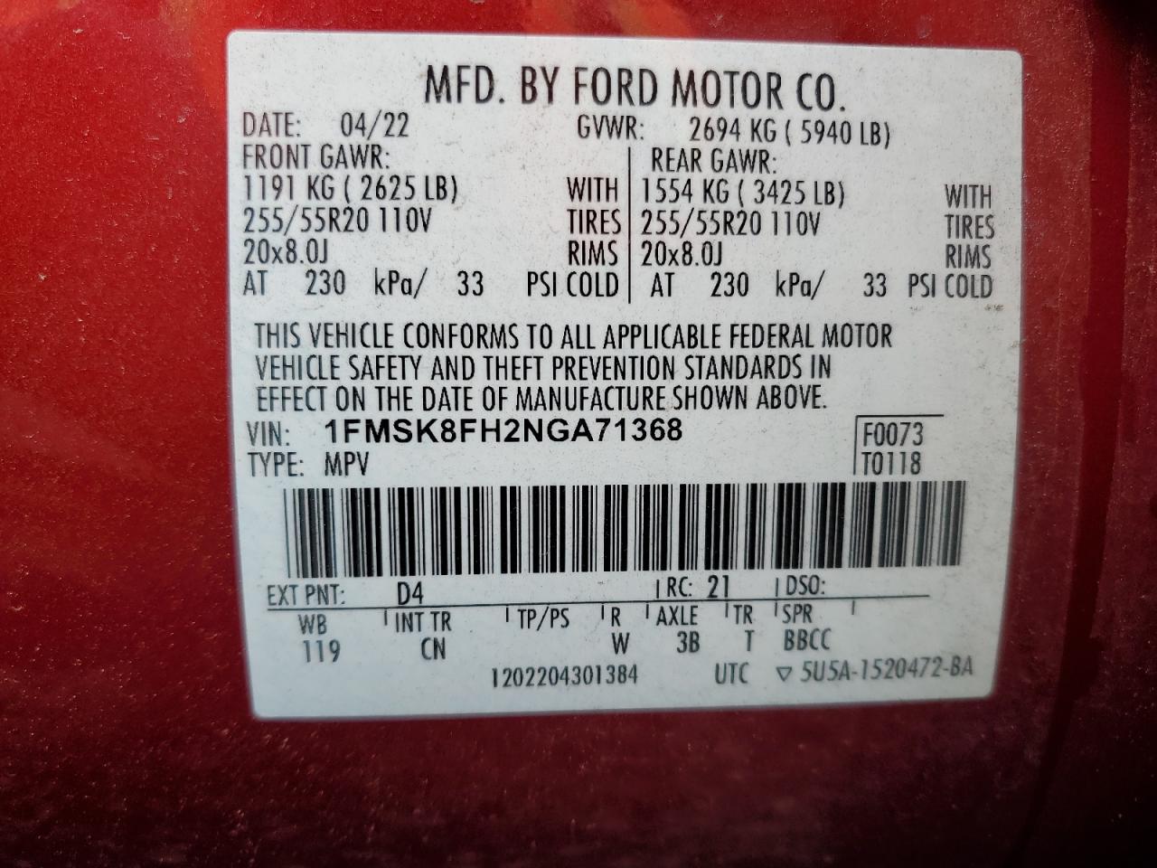 2022 Ford Explorer Limited VIN: 1FMSK8FH2NGA71368 Lot: 68498025