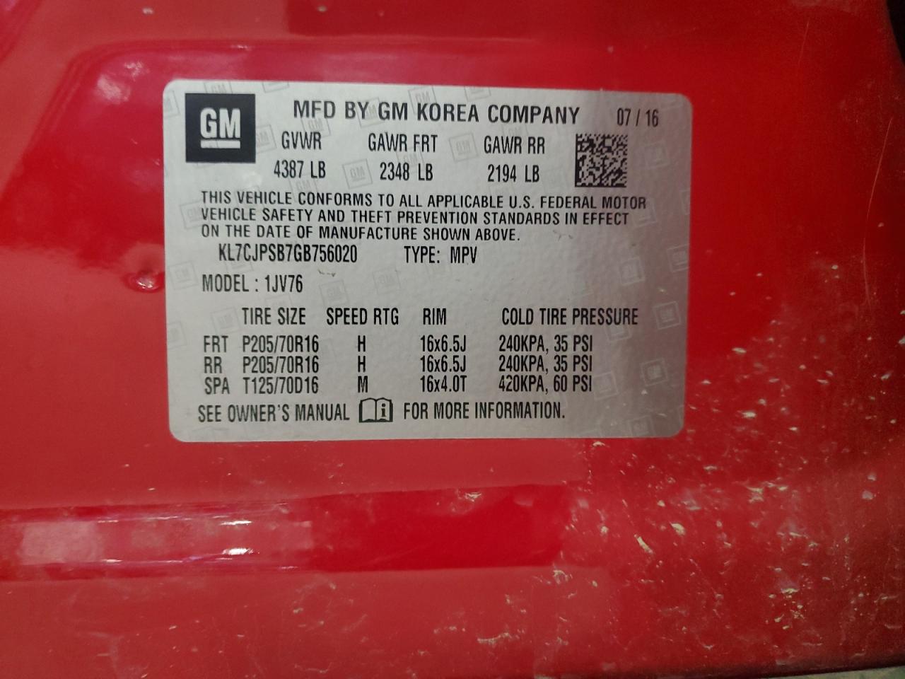 2016 Chevrolet Trax 1Lt VIN: KL7CJPSB7GB756020 Lot: 70216265