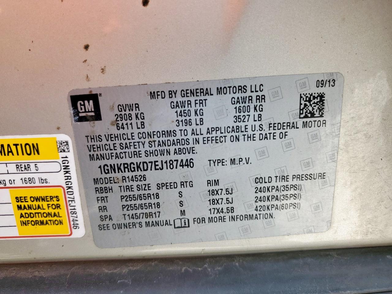 2014 Chevrolet Traverse Lt VIN: 1GNKRGKD7EJ187446 Lot: 67641105