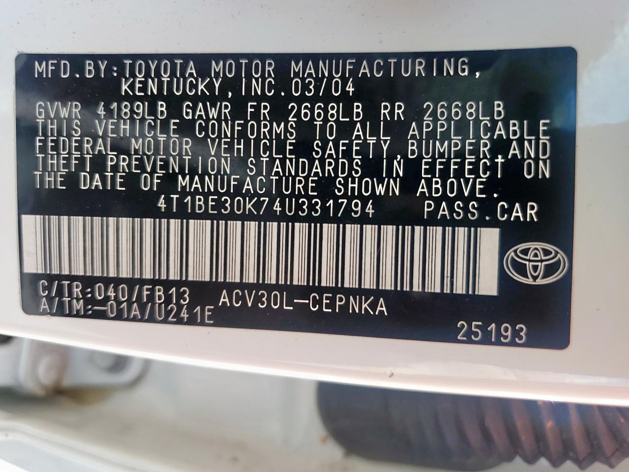 2004 Toyota Camry Le VIN: 4T1BE30K74U331794 Lot: 69005995