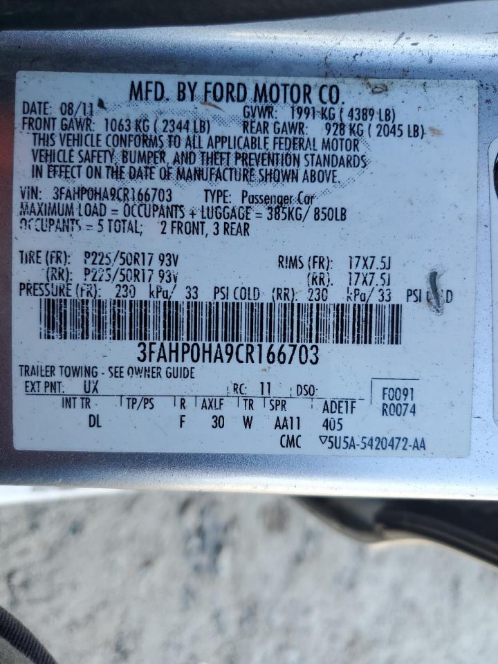 2012 Ford Fusion Se VIN: 3FAHP0HA9CR166703 Lot: 70204295