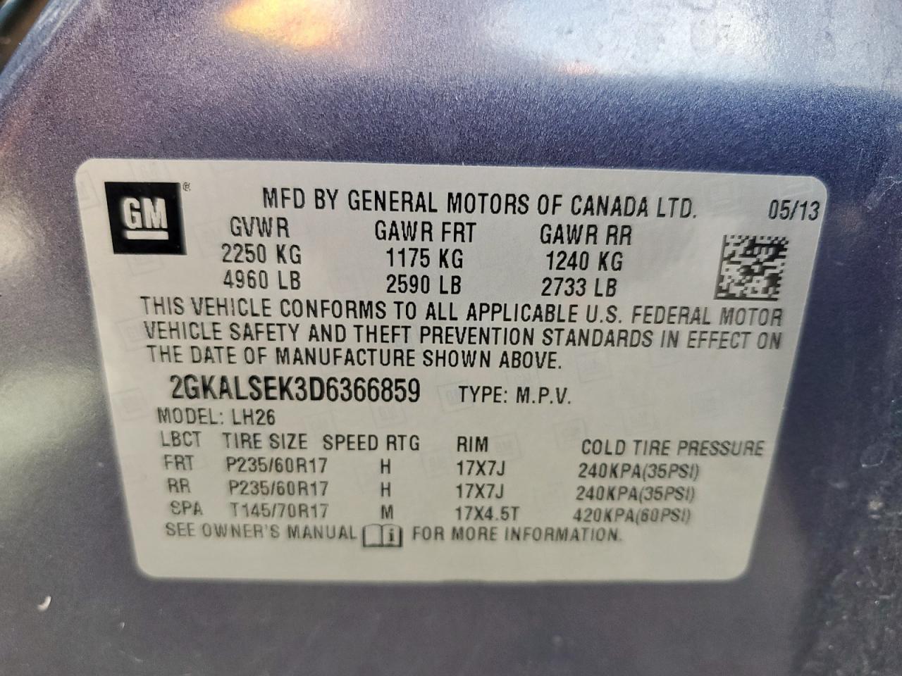 2013 GMC Terrain Sle VIN: 2GKALSEK3D6366859 Lot: 67953405