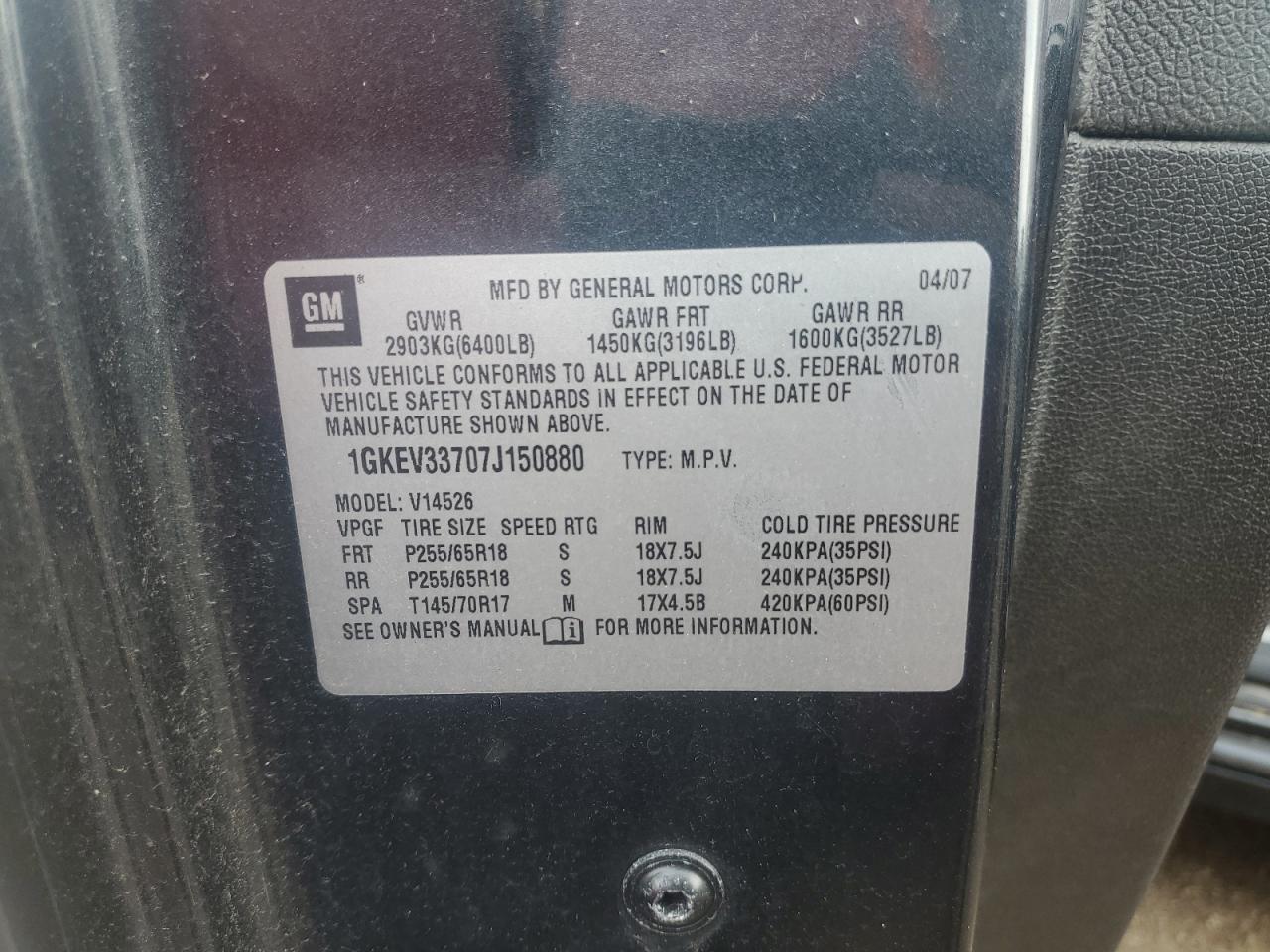 2007 GMC Acadia Slt-2 VIN: 1GKEV33707J150880 Lot: 67528145