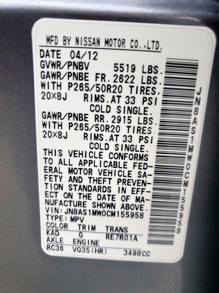 2012 Infiniti Fx35 VIN: JN8AS1MW0CM155958 Lot: 70373655