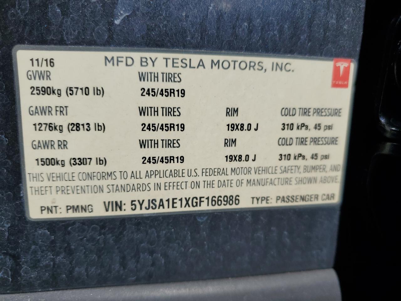 2016 Tesla Model S VIN: 5YJSA1E1XGF166986 Lot: 69865125